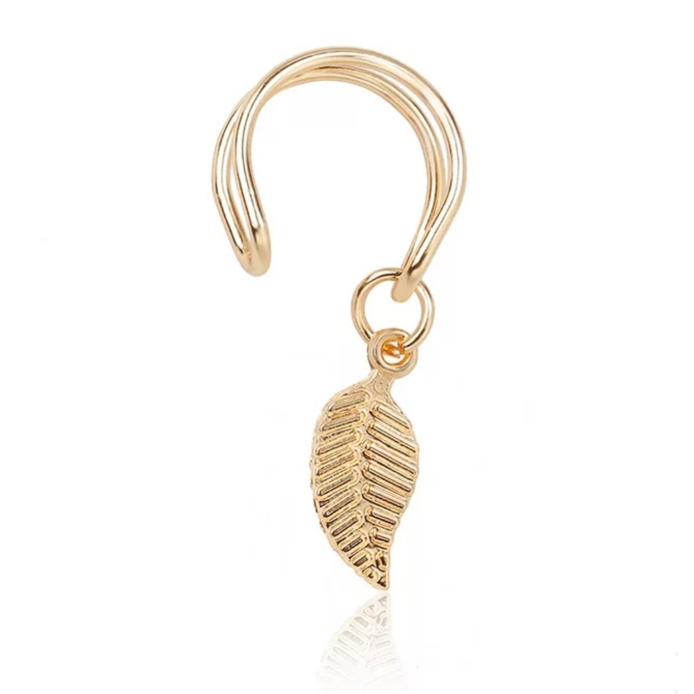 One Double Ear Cuff Leaf Feather Pendant Black - Picture 4 of 7